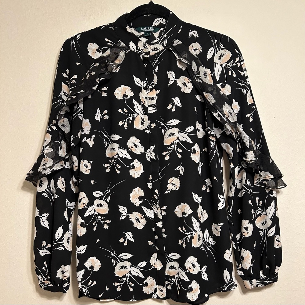 Lauren Ralph Lauren Women’s Shirt Floral Long Sleeve Ruffled Blouse Black Size M